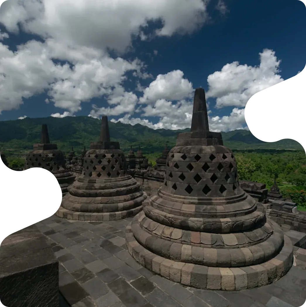 Stone stupas framed in the authentic experiences cutout